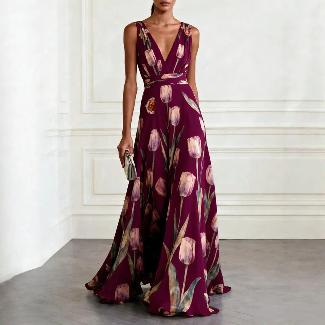 Womens Maxi Dress with Floral Print V Neck and Sleeveless Design