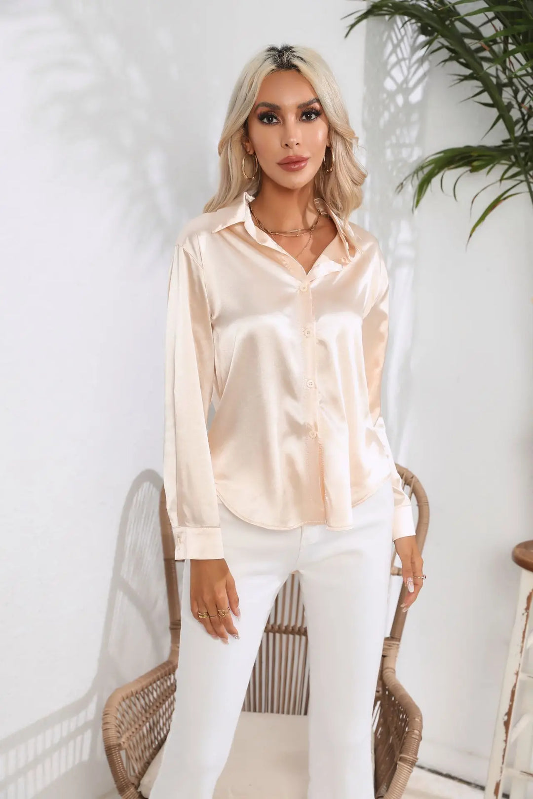 Blouse Satin Button Up Long Sleeve Elegant Style