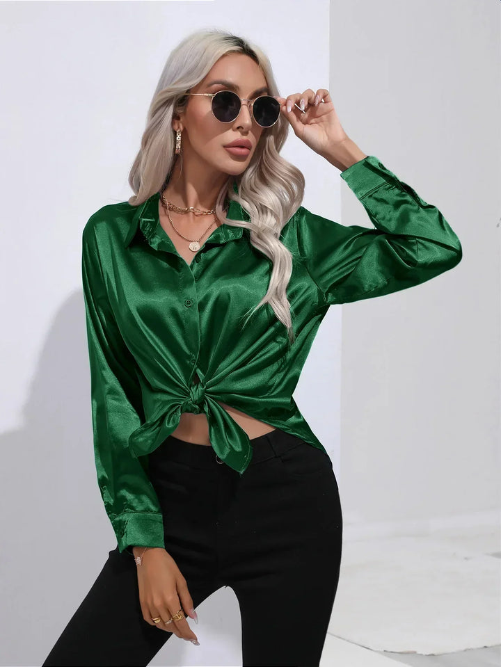 Blouse Satin Button Up Long Sleeve Elegant Style