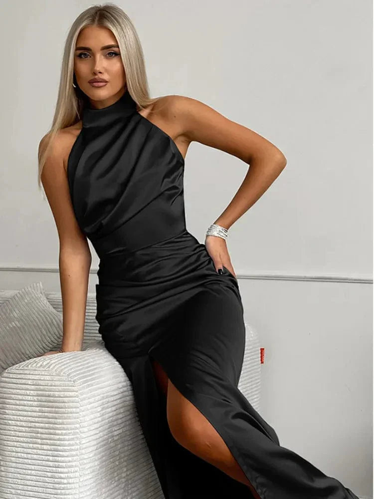 Satin Halter Dress Leg Slit Elegant Evening Style