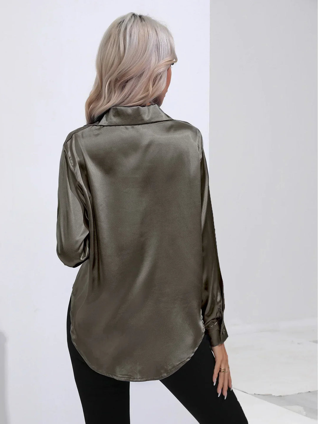 Blouse Satin Button Up Long Sleeve Elegant Style