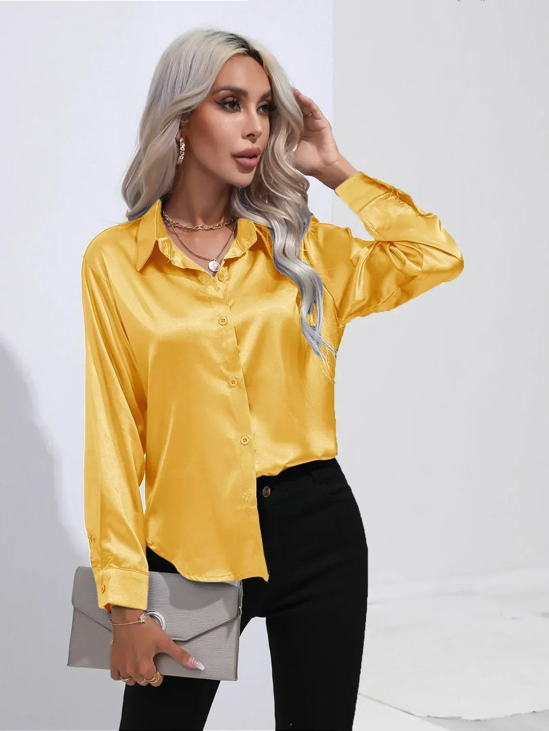 Blouse Satin Button Up Long Sleeve Elegant Style
