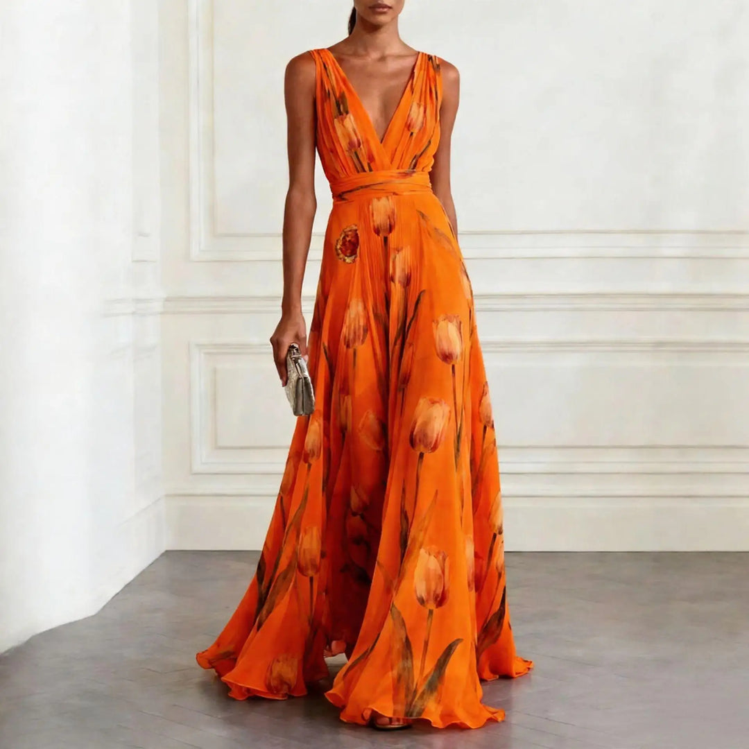 Womens Maxi Dress with Floral Print V Neck and Sleeveless Design