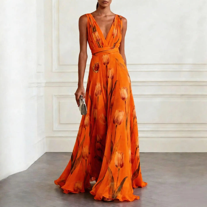 Womens Maxi Dress with Floral Print V Neck and Sleeveless Design
