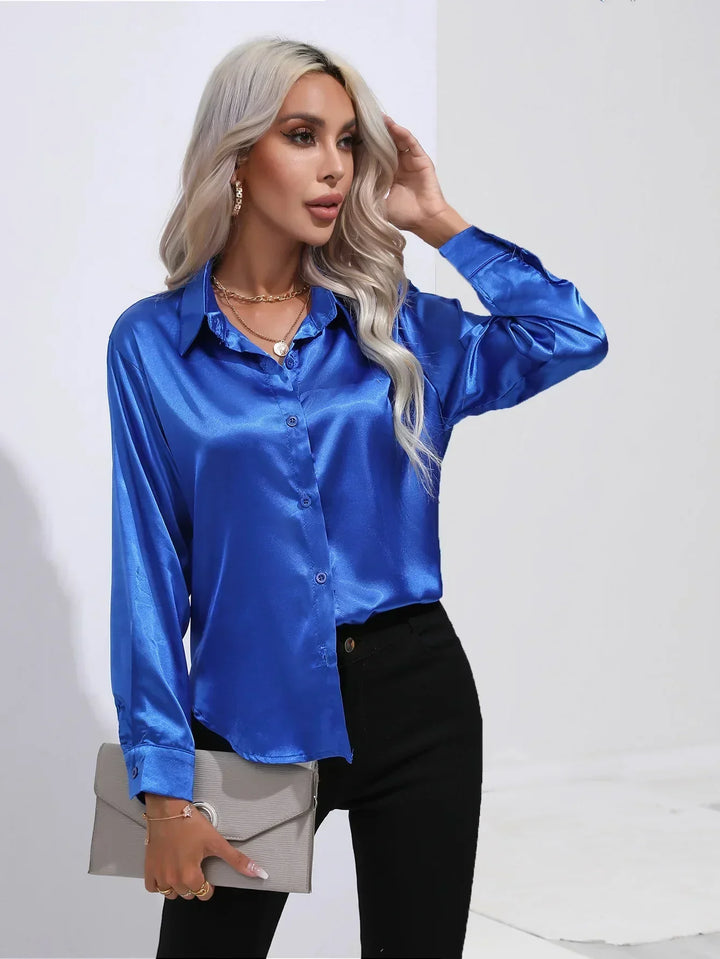 Blouse Satin Button Up Long Sleeve Elegant Style