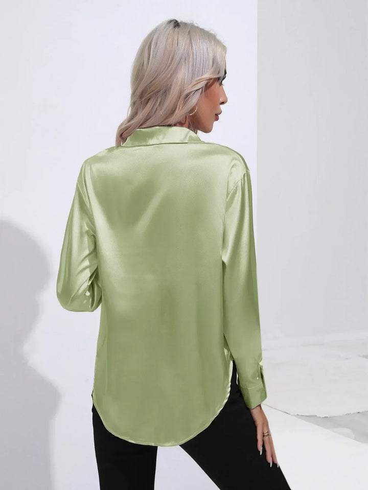 Blouse Satin Button Up Long Sleeve Elegant Style
