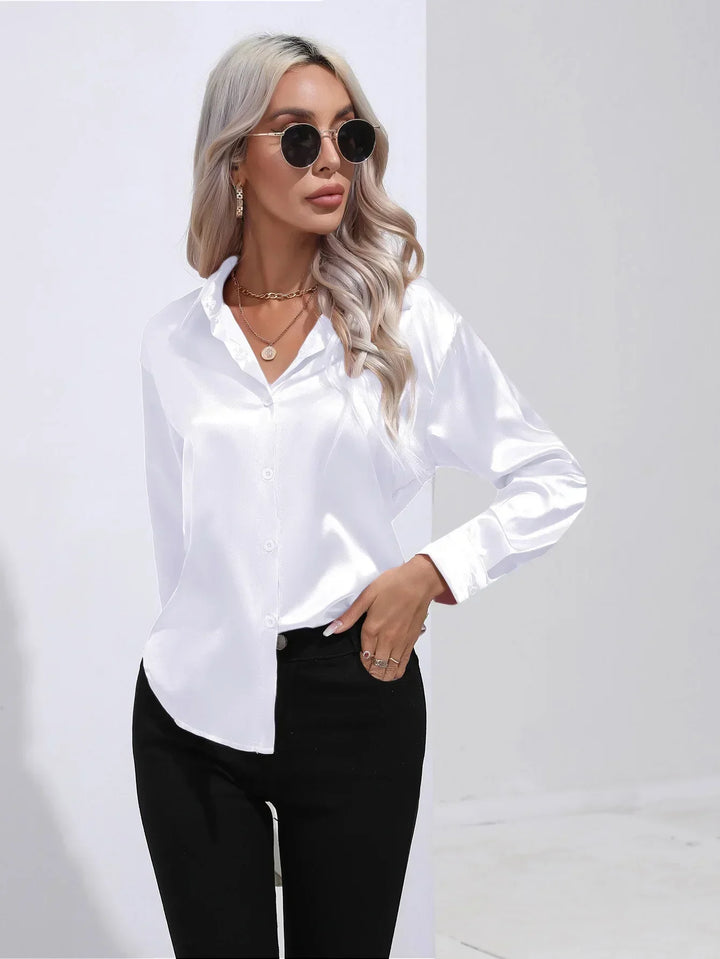 Blouse Satin Button Up Long Sleeve Elegant Style