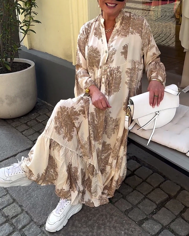 Maxi Dress Print Flounce Sleeves Stand Collar Stylish Airy