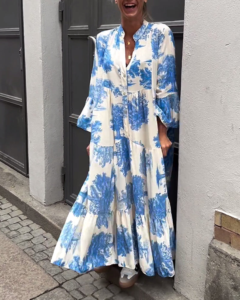 Maxi Dress Print Flounce Sleeves Stand Collar Stylish Airy