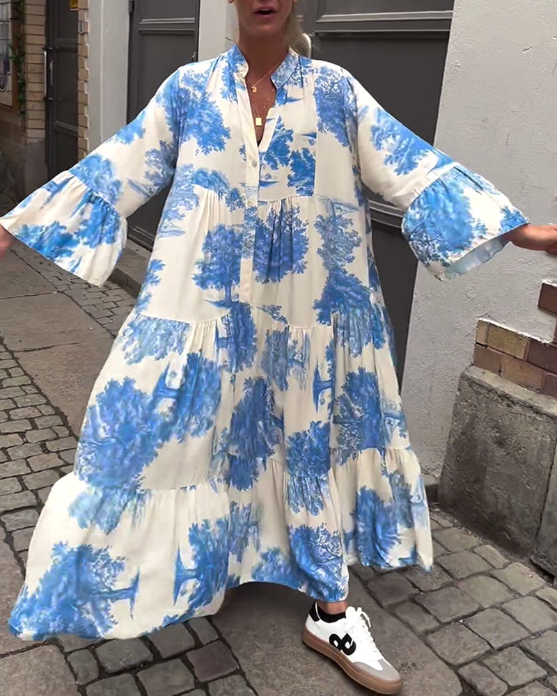 Maxi Dress Print Flounce Sleeves Stand Collar Stylish Airy