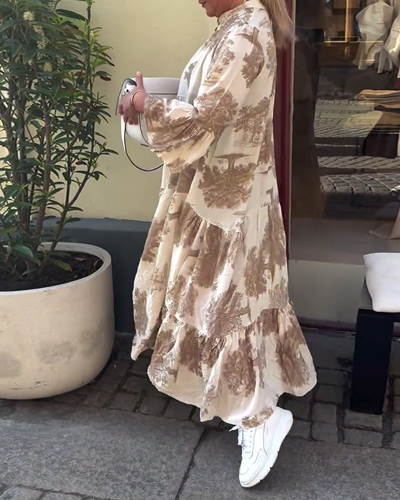 Maxi Dress Print Flounce Sleeves Stand Collar Stylish Airy