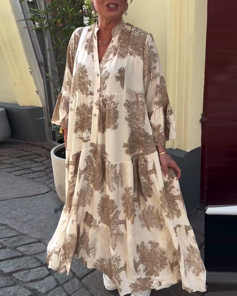Maxi Dress Print Flounce Sleeves Stand Collar Stylish Airy