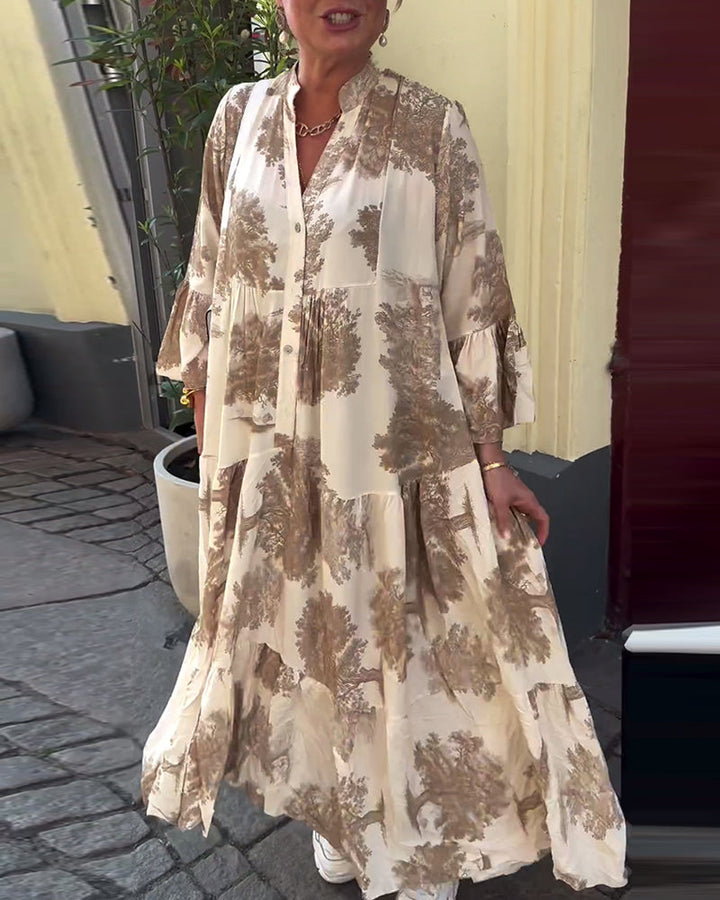 Maxi Dress Print Flounce Sleeves Stand Collar Stylish Airy