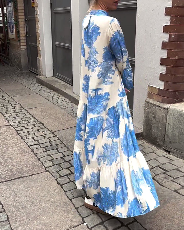 Maxi Dress Print Flounce Sleeves Stand Collar Stylish Airy
