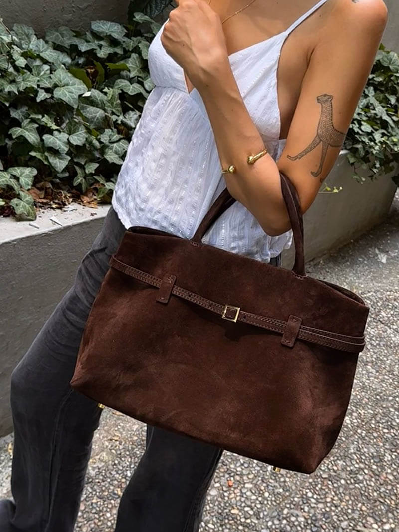 Suede Top Handle Handbag with Zip Closure for Women
