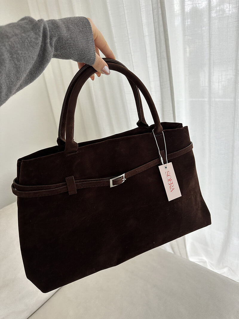 Suede Top Handle Handbag with Zip Closure for Women
