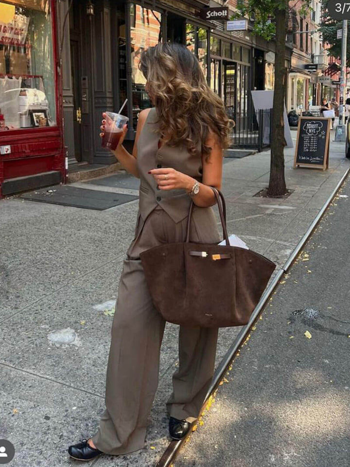 Suede Tote Bag with Top Handles and Shoulder Strap for Women