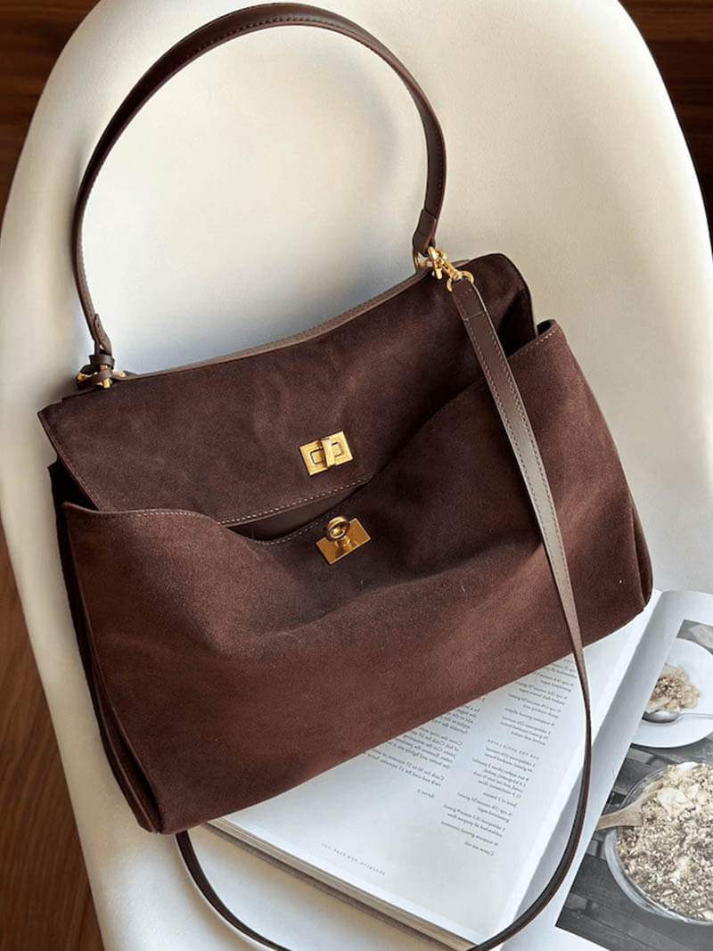 Suede Shoulder Handbag with Flap Closure for Women