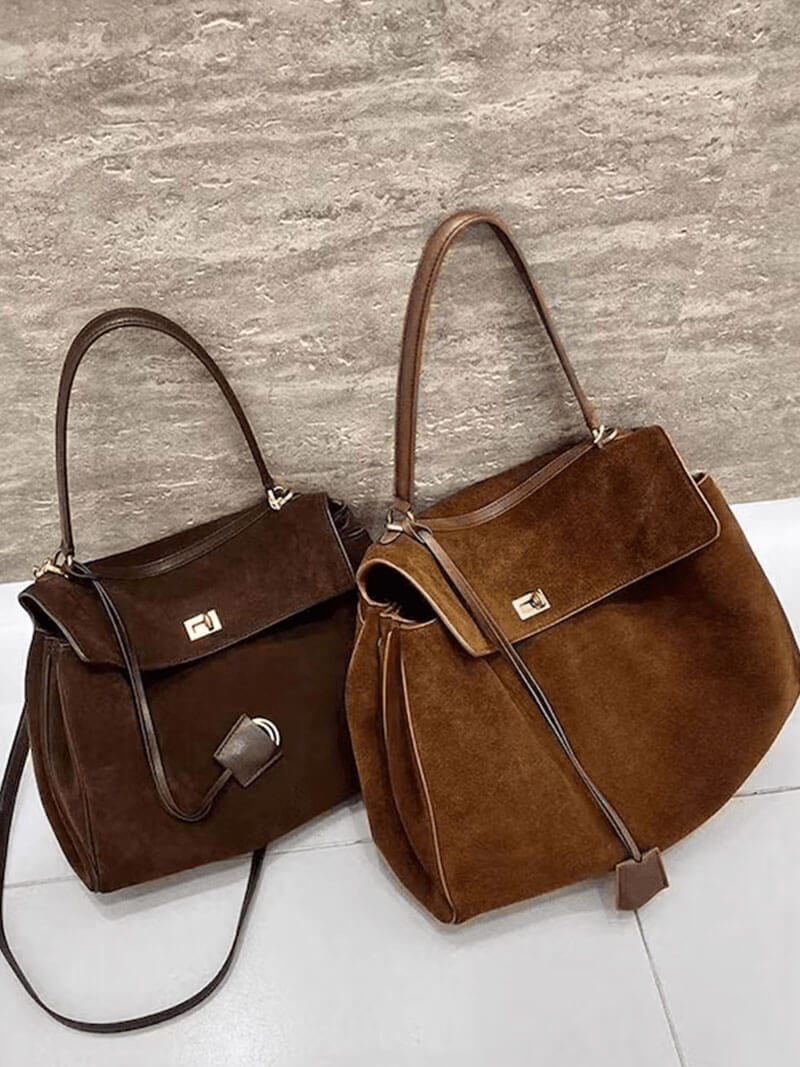 Suede Shoulder Handbag with Flap Closure for Women