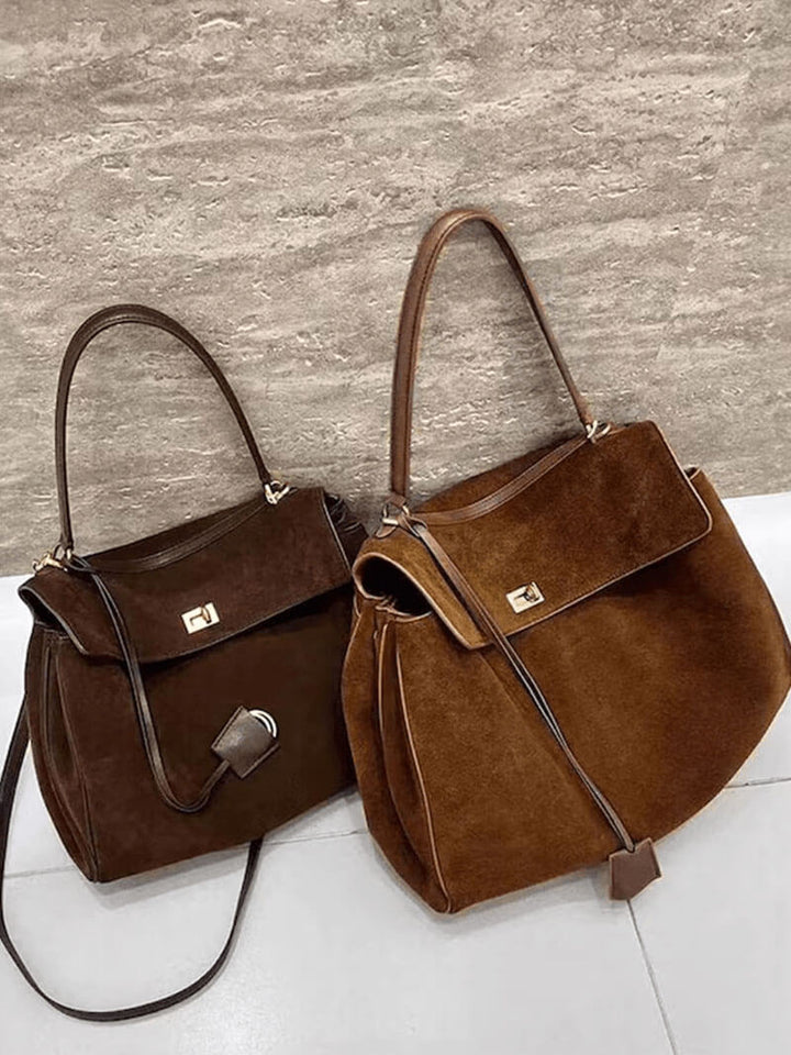 Suede Shoulder Handbag with Flap Closure for Women