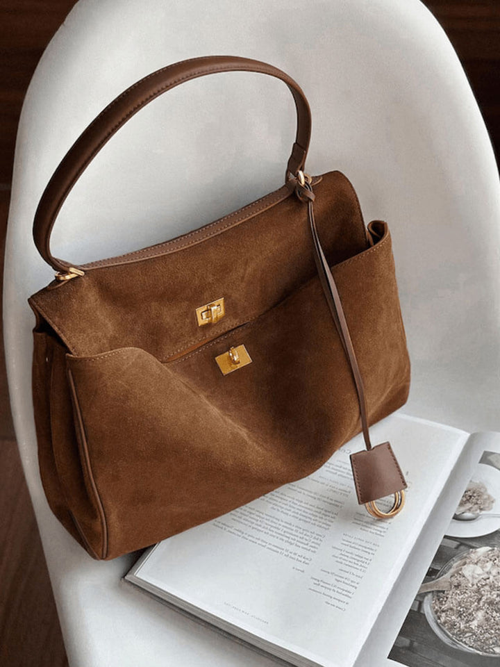 Suede Shoulder Handbag with Flap Closure for Women