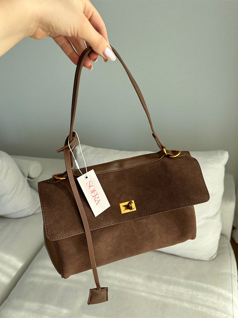 Suede Shoulder Handbag with Flap Closure for Women