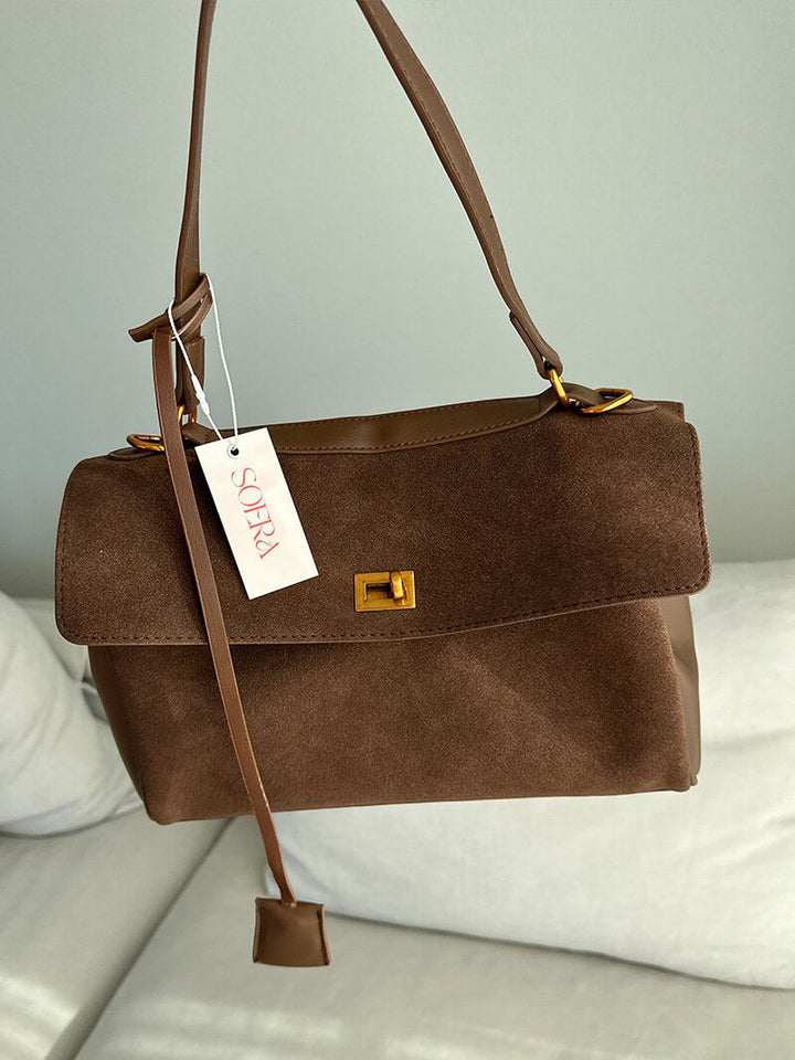 Suede Shoulder Handbag with Flap Closure for Women