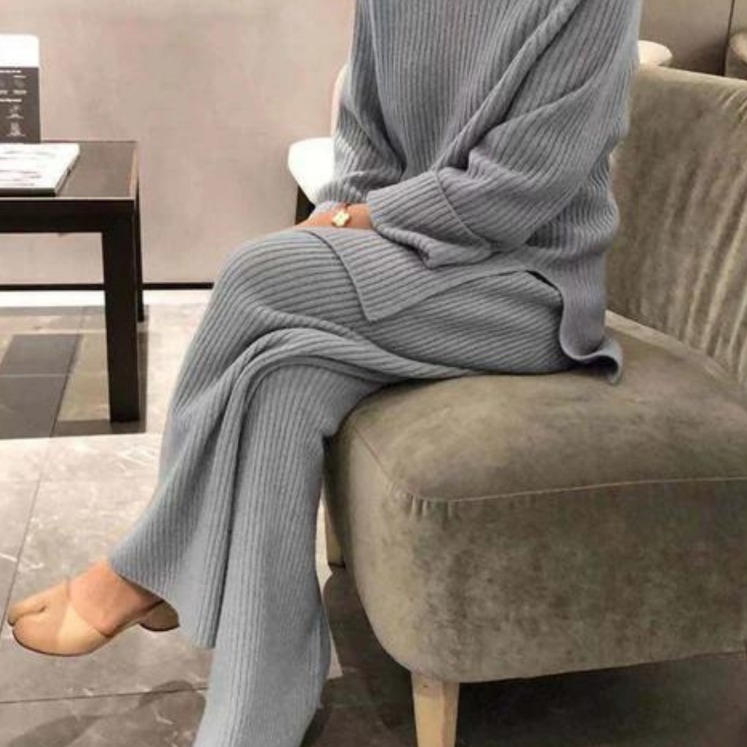 Two Piece Set Ribbed Knit Sweater Wide Leg Trousers Lounge Style