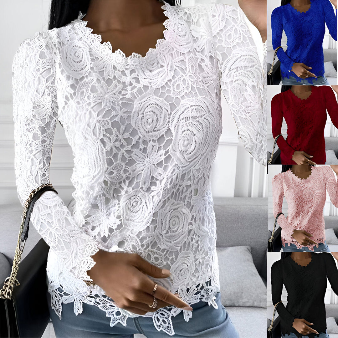 Blouse Round Neck Lace Detail Long Sleeve Elegant Style