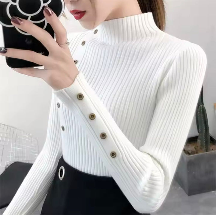 Womens Ribbed Turtleneck Jumper with Button Sleeve Detail and Fitted Silhouette
