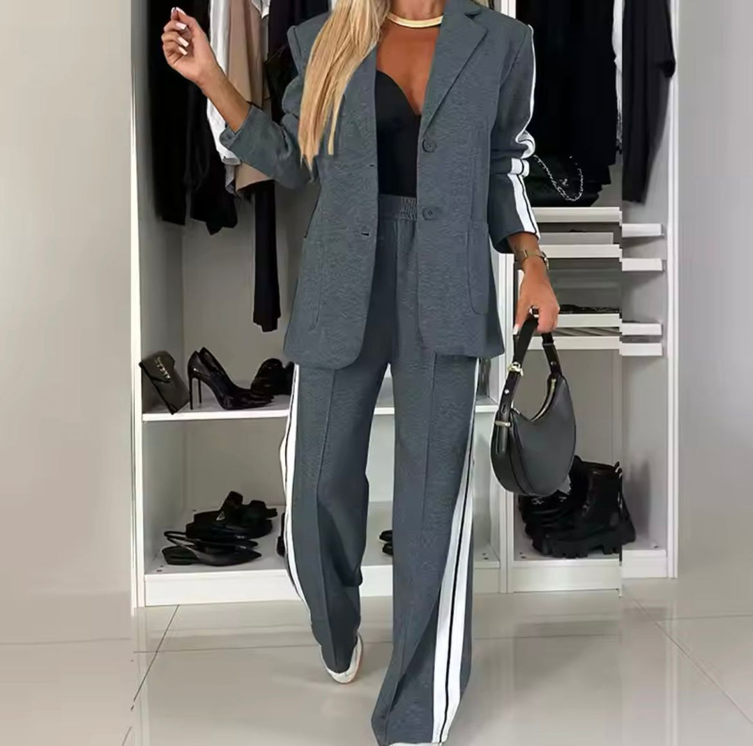 Two Piece Suit Blazer Wide Leg Trousers Elegant Office Style