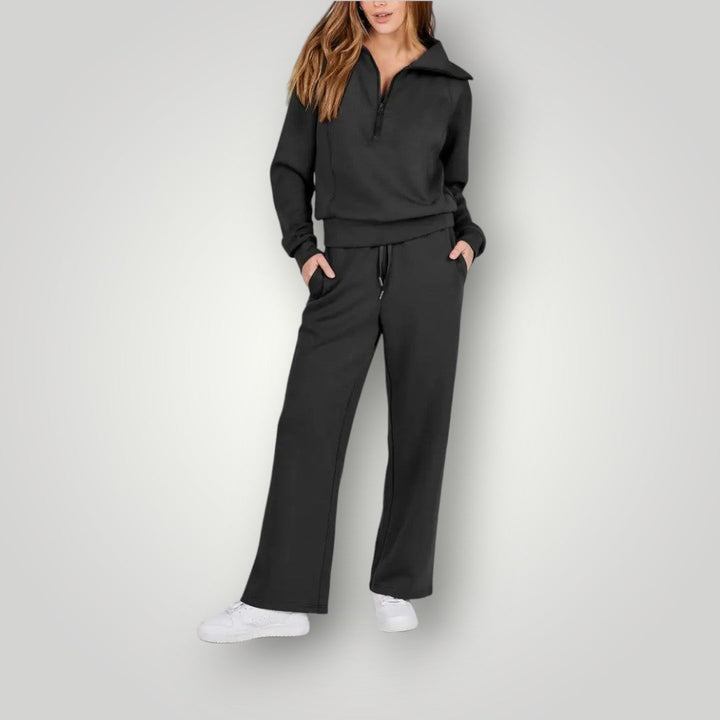Two Piece Set Zip Neck Sweatshirt Wide Leg Trousers Luxe Lounge Style