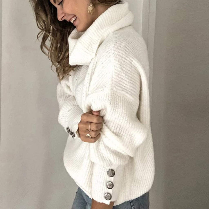 Womens Turtleneck Jumper with Button Sleeve Detail and Relaxed Fit