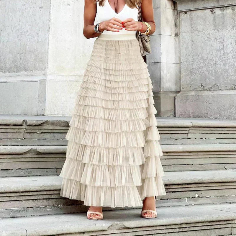 Maxi Skirt Layered Ruffle Tulle Elegant Flowing Style