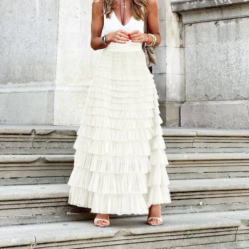 Maxi Skirt Layered Ruffle Tulle Elegant Flowing Style