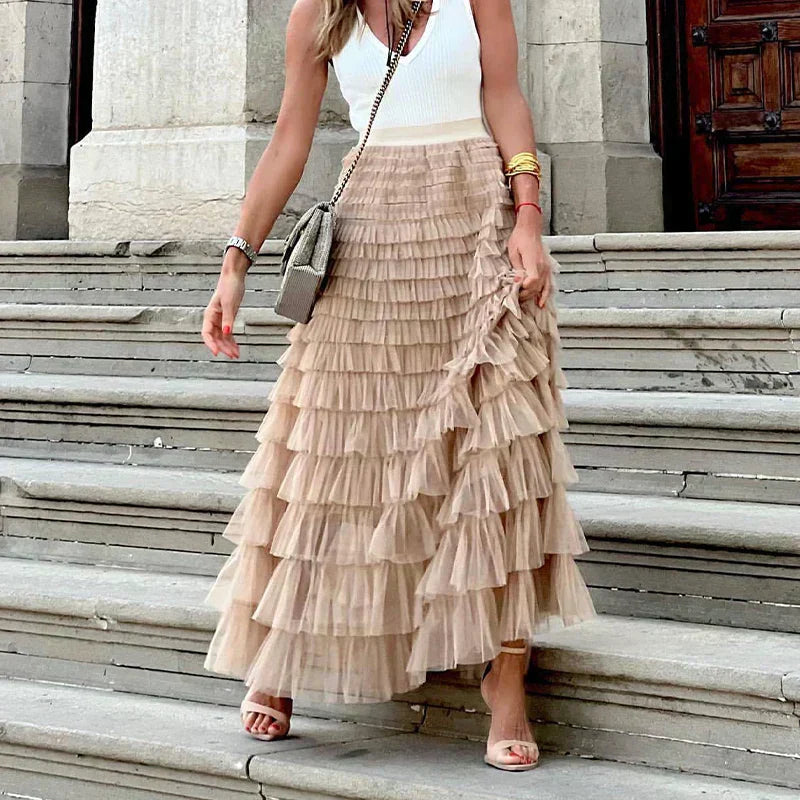 Maxi Skirt Layered Ruffle Tulle Elegant Flowing Style