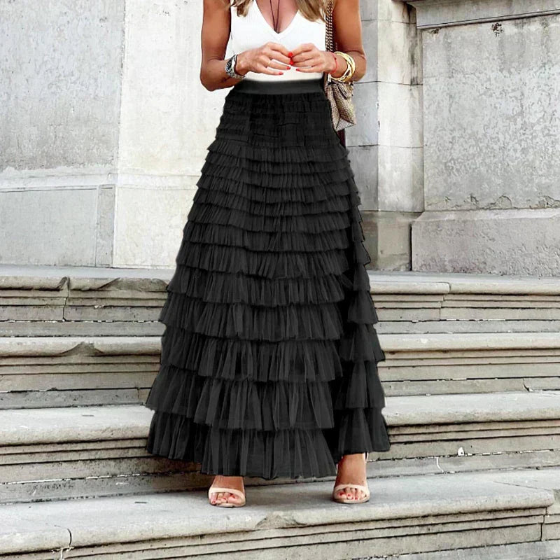 Maxi Skirt Layered Ruffle Tulle Elegant Flowing Style