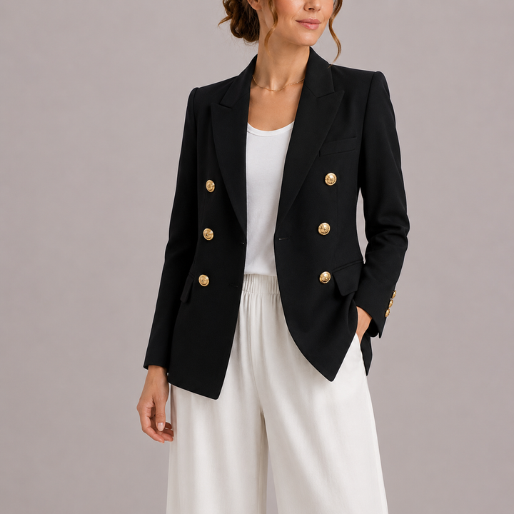 Womens Double Breasted Blazer with Gold Button Detail and Notch Lapel