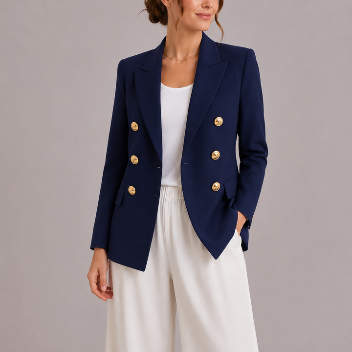 Womens Double Breasted Blazer with Gold Button Detail and Notch Lapel