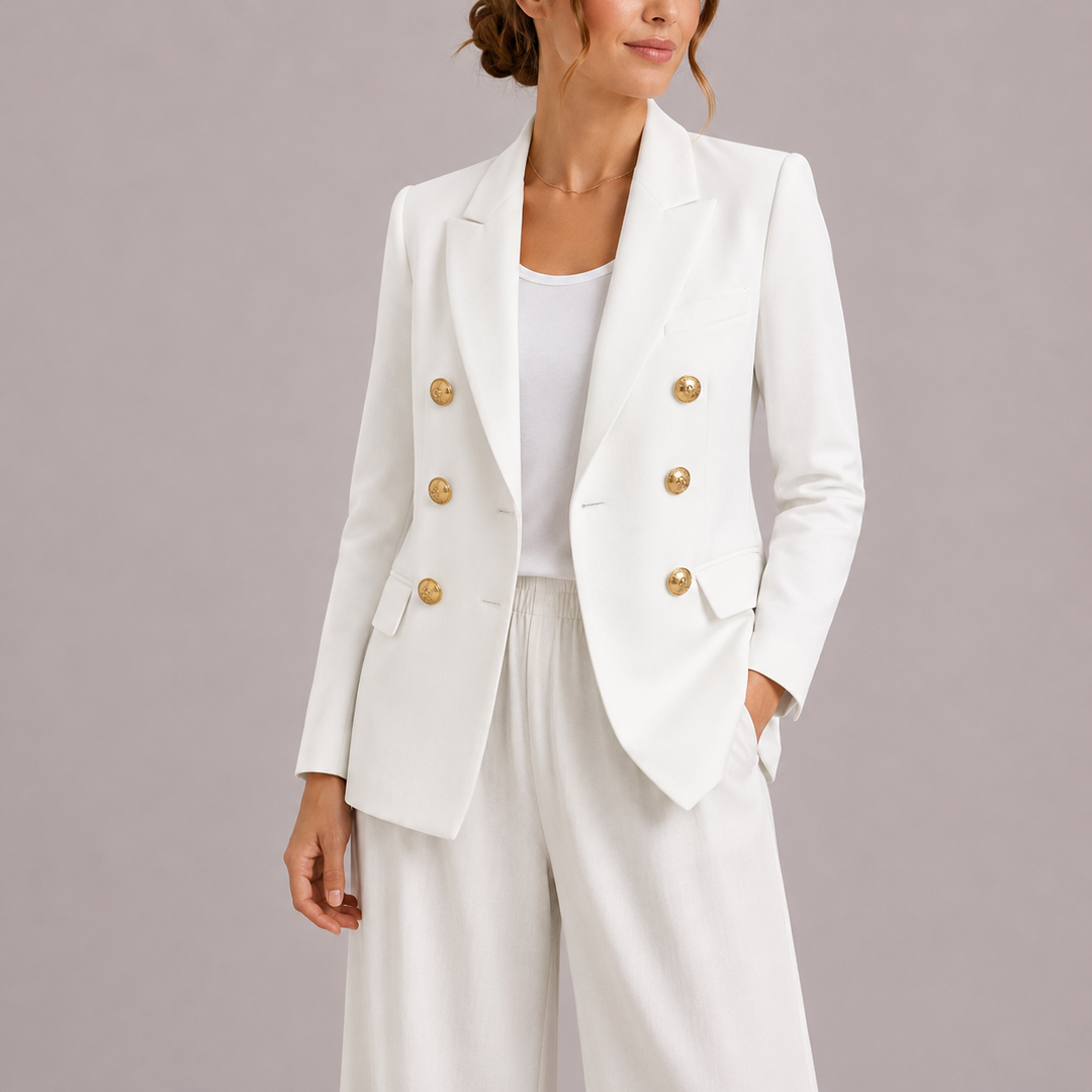 Womens Double Breasted Blazer with Gold Button Detail and Notch Lapel