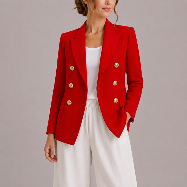 Womens Double Breasted Blazer with Gold Button Detail and Notch Lapel