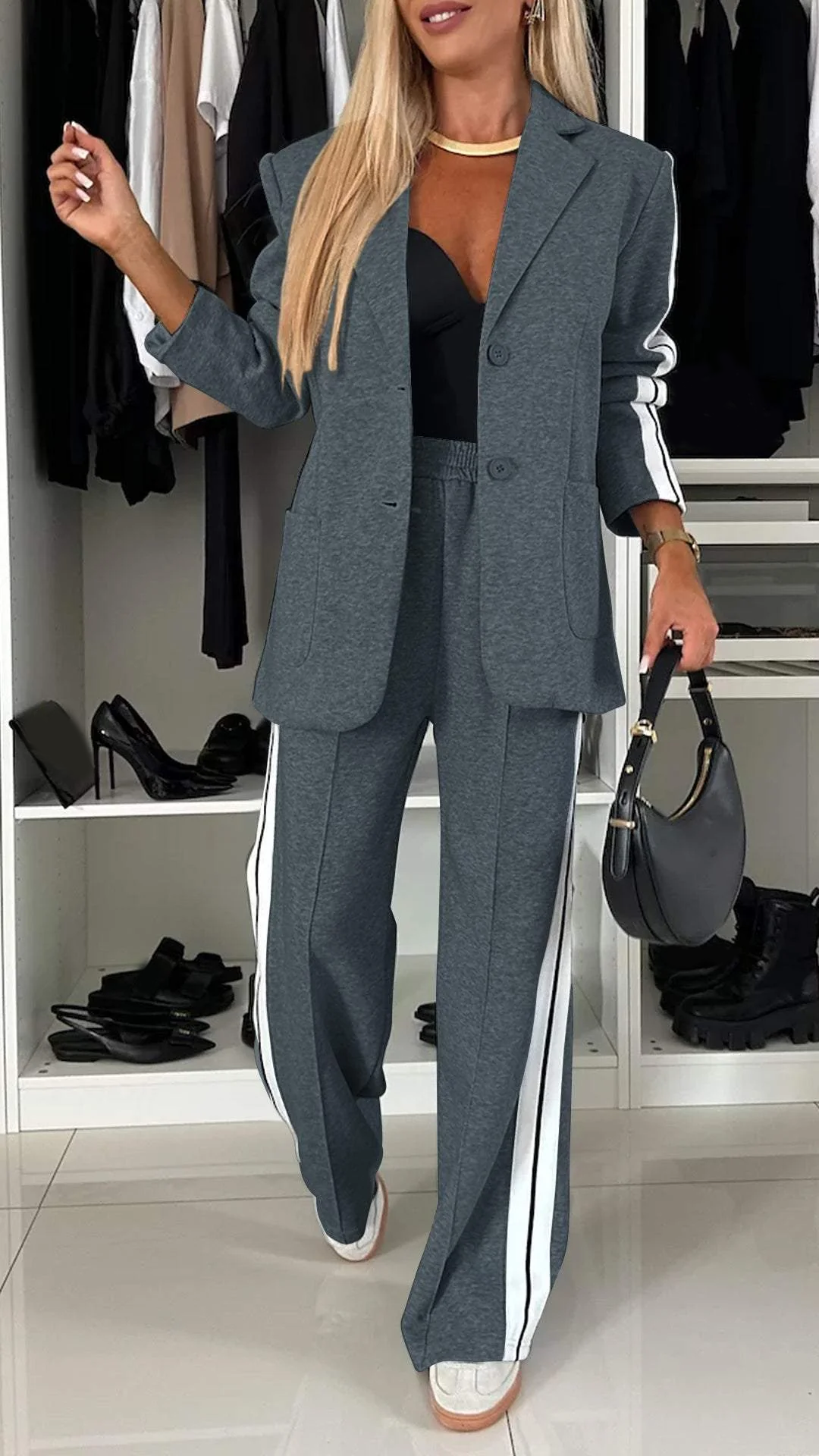 Two Piece Suit Blazer Tailored Trousers Office Elegant Style