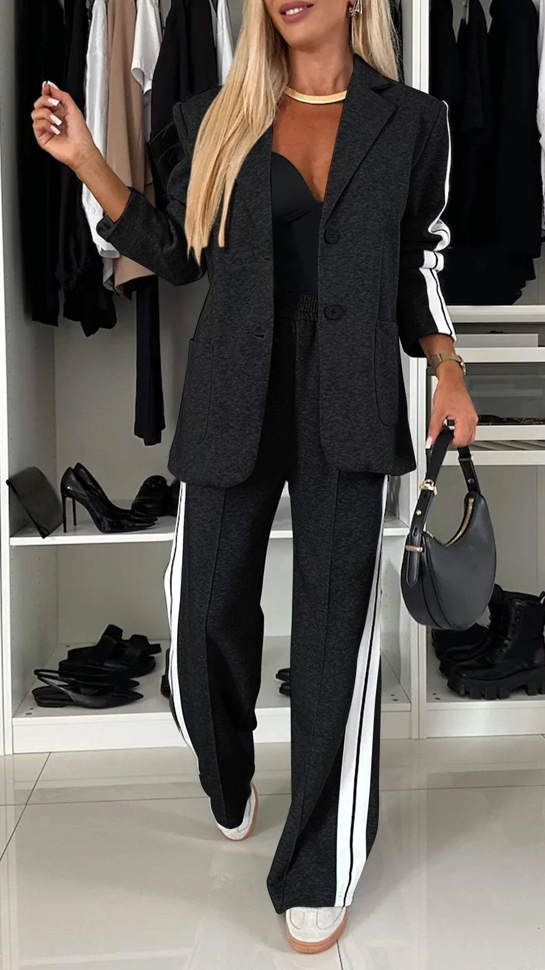 Two Piece Suit Blazer Tailored Trousers Office Elegant Style