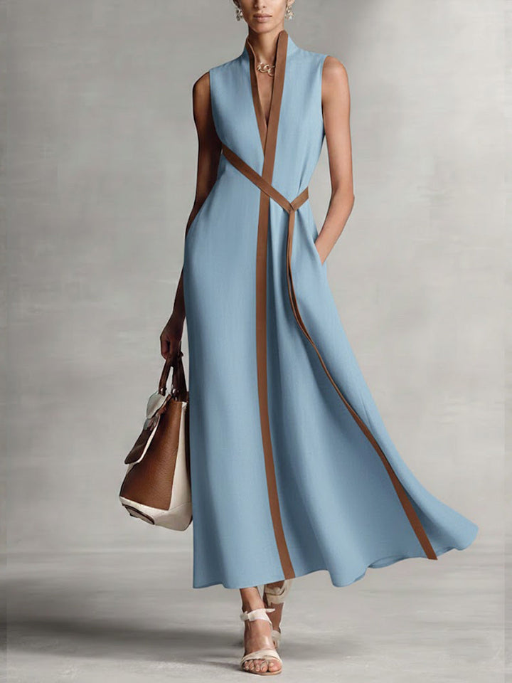 Sleeveless Midi Dress Contrast Trim V Neck Belt for Women