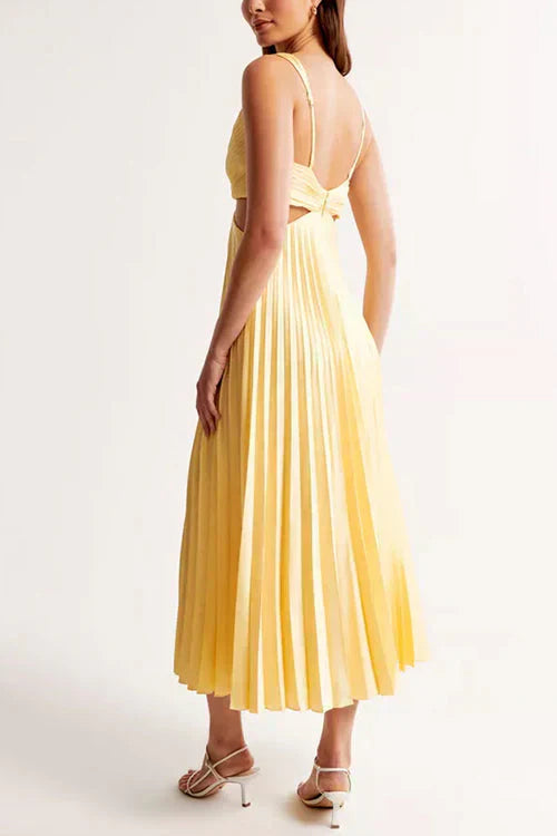 Womens Wedding Guest Midi Dress with V Neck Fine Straps Pleated Skirt and Fitted Waist