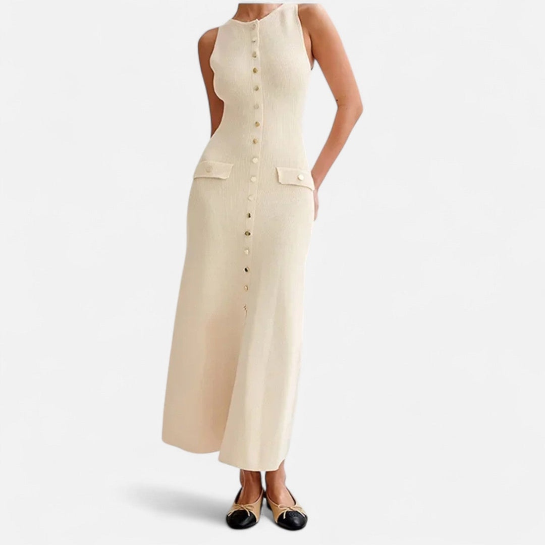 Knit Maxi Dress Button Detail Sleeveless Elegant Summer Style