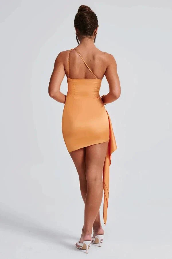 Satin Mini Dress One Shoulder Draped Fit Elegant Evening Style