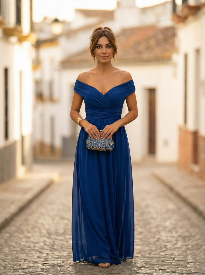 Womens Maxi Dress with Off Shoulder Neckline Gathered Waist and Drap