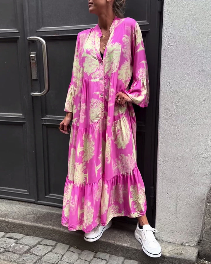 Maxi Dress Print Flounce Sleeves Stand Collar Stylish Airy