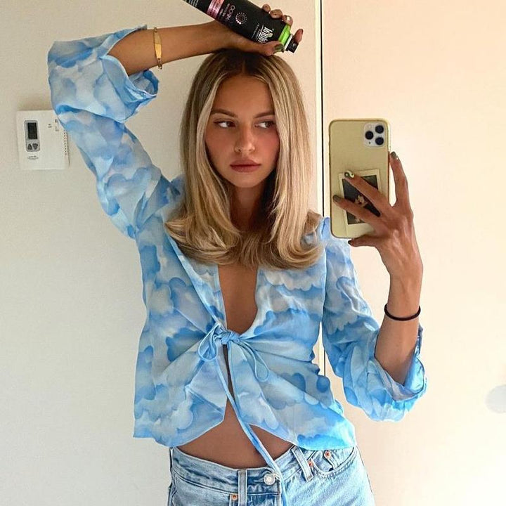 Blouse V Neck Tie Front Relaxed Fit Casual Summer Style